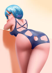  absurdres ass ass_cutout back bad_id bad_pixiv_id blue_eyes blue_hair blue_one-piece_swimsuit blush breasts butt_crack clothing_cutout female highres medium_breasts one-piece_swimsuit original school_swimsuit short_hair shoulder_blades solo swimsuit thighs zymv587 