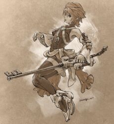  aqua_(kingdom_hearts) bad_id bad_pixiv_id bare_shoulders breasts closed_mouth covered_collarbone detached_sleeves female fingerless_gloves full_body gloves holding holding_weapon isakawa_megumi keyblade kingdom_hearts kingdom_hearts_birth_by_sleep left-handed long_sleeves sepia short_hair small_breasts solo thighhighs turtleneck twitter_username weapon wide_sleeves zettai_ryouiki 