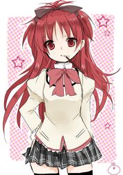  alternate_costume commentary_request female food highres long_hair mahou_shoujo_madoka_magica mahou_shoujo_madoka_magica_(anime) mitakihara_school_uniform mouth_hold natsu_(norari_kurari) oerba_yun_fang pocky ponytail red_eyes red_hair sakura_kyoko school_uniform solo thighhighs 