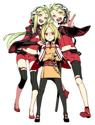  1boy 2girls 7th_dragon_(series) 7th_dragon_2020 7th_dragon_2020-ii :d blonde_hair commentary_request crossed_arms emel_(7th_dragon) full_body green_hair hairband long_hair looking_at_viewer midriff miina_(7th_dragon) miroku_(7th_dragon) miwa_shirow multiple_girls navel navigator_(7th_dragon) open_mouth pantyhose photoshop_(medium) red_eyes short_hair shorts smile standing v white_background yellow_eyes 