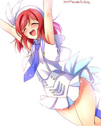  armpits arms_up bare_shoulders blouse closed_eyes commentary_request cropped_jacket female highres idol love_live! love_live!_school_idol_project miniskirt necktie nishikino_maki open_mouth petticoat photoshop_(medium) pleated_skirt red_hair shirt short_hair skirt sleeveless sleeveless_shirt slip_showing solo song_name suspenders white_shirt wonderful_rush yu-ta 