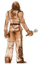  1boy artist_request clothes_writing dobok fingerless_gloves from_behind gloves hwoarang_(tekken) male_focus monochrome muscular official_art sepia shoes sleeveless sneakers solo tekken wrench 