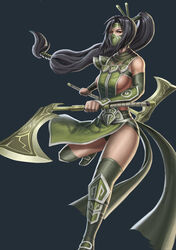  akali bare_shoulders black_hair blue_background breasts detached_sleeves dual_wielding green high_ponytail highres holding kama_(weapon) large_breasts league_of_legends long_hair low-tied_long_hair mask penator ponytail reverse_grip sickle side_slit sideboob simple_background single_spaulder solo thighhighs vambraces very_long_hair weapon 