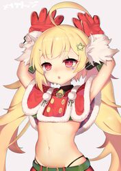  absurdres ahoge arms_up azur_lane bad_id bad_twitter_id bell belt black_panties blonde_hair christmas crop_top eldridge_(azur_lane) eldridge_(holy_night&#039;s_embrace)_(azur_lane) female gloves highleg highleg_panties highres jingle_bell long_hair midriff navel official_alternate_costume open_mouth panties panty_straps red_eyes red_gloves solo tomo_(ryo_i_so_) twintails underwear upper_body very_long_hair 