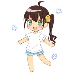  :d barefoot blue_shorts blush_stickers brown_hair chibi commentary_request female flower full_body green_eyes hair_between_eyes hair_flower hair_ornament head_tilt long_hair looking_at_viewer niizato_aoi non_non_biyori open_mouth shika_(s1ka) shirt short_shorts short_sleeves shorts side_ponytail simple_background smile solo standing standing_on_one_leg sunflower sunflower_hair_ornament white_background white_shirt yellow_flower 