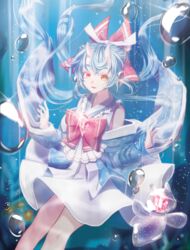  air_bubble blue_hair blush bow bubble collarbone commentary_request female horns korean_commentary long_hair looking_at_viewer original parted_lips red_bow red_eyes saltycaramel sea_angel smile solo thick_eyebrows underwater 