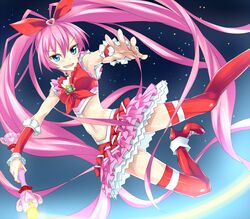  bad_id bad_pixiv_id blue_eyes boots cure_melody female heart houjou_hibiki long_hair magical_girl midriff miracle_belltier navel pink_hair precure red_wrist_cuffs skirt solo suite_precure takabow thighhighs twintails very_long_hair wrist_cuffs 