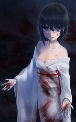  bare_shoulders black_eyes black_hair blood blood_on_clothes blood_on_face blood_on_hands breasts breasts_apart commentary_request crying crying_with_eyes_open empty_eyes fatal_frame fatal_frame_2 female hair_between_eyes highres japanese_clothes kimono kurosawa_sae long_sleeves looking_at_viewer obi obijime off_shoulder open_mouth outstretched_arms parted_lips right-over-left_kimono sash short_hair small_breasts solo streaming_tears tare_(tonikaku_magaru) tears teeth white_kimono wide_sleeves 