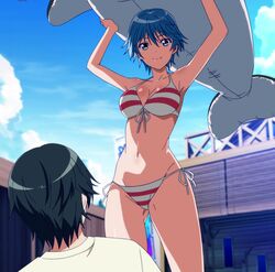  1boy akitsuki_fuuka bikini blue_hair bra female fuuka highres panties short_hair sky smile standing stitched summer 