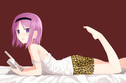  akitaka_akita animal_print bad_anatomy barefoot bed_sheet black_hair commentary_request female from_side gokukoku_no_brynhildr hairband highres kazumi_schlierenzauer leopard_print looking_at_viewer lying off_shoulder on_stomach open_mouth print_shorts purple_eyes purple_hair red_background shirt short_hair shorts simple_background solo the_pose white_shirt 