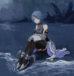  aqua_(kingdom_hearts) bad_id bad_pixiv_id bare_shoulders beach black_thighhighs blue_eyes blue_hair closed_mouth crossed_arms detached_sleeves female fingerless_gloves gloves grey_gloves isakawa_megumi kingdom_hearts kingdom_hearts_birth_by_sleep knees_together_feet_apart long_sleeves looking_at_viewer short_hair sitting sky solo star_(sky) starry_sky thighhighs turtleneck twitter_username water zettai_ryouiki 