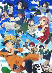  4girls 6+boys absurdres aburame_shino akamaru_(naruto) akimichi_chouji black_hair blonde_hair blue_eyes brown_hair canine commentary_request day earrings everyone facial_mark falling forehead_protector gaara_(naruto) gourd green_eyes highres hyuuga_hinata hyuuga_neji ino_yamanaka inuzuka_kiba jewelry kankurou_(naruto) konohagakure_symbol leaf long_hair multiple_boys multiple_girls nara_shikamaru naruto naruto_(series) ninja pink_hair ponytail quad_tails red_hair rock_lee saku_anna sakura_haruno short_hair sky sunagakure_symbol tattoo temari_(naruto) tenten_(naruto) uchiha_sasuke uzumaki_naruto white_eyes 