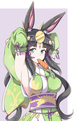  animal_ears aqua_eyes armpits arms_up black_hair carrot commentary_request detached_sleeves female flan_(zhd91) hair_ornament highres japanese_clothes kaguya-hime_(p&amp;d) long_hair looking_at_viewer mouth_hold photoshop_(medium) purple_background puzzle_&amp;_dragons rabbit_ears simple_background solo wide_sleeves 