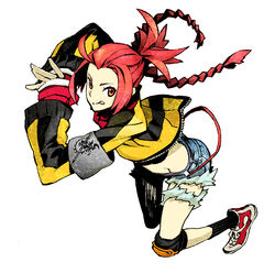  7th_dragon_(series) 7th_dragon_2020 :q armband braid commentary_request destroyer_(7th_dragon_2020) female full_body jacket knee_pads long_hair looking_at_viewer midriff miwa_shirow nishimura_haru_(7th_dragon) own_hands_together photoshop_(medium) red_eyes red_hair shoes short_shorts shorts sneakers solo tongue tongue_out twin_braids white_background 