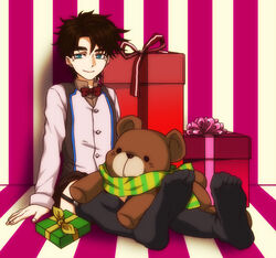  1boy aged_down anime_coloring bad_boy blue_eyes brown_hair commentary_request gift green_scarf jojo_no_kimyou_na_bouken joseph_joestar joseph_joestar_(young) lolicon male_focus multicolored_clothes multicolored_scarf scarf solo striped_clothes striped_scarf stuffed_animal stuffed_toy teddy_bear thighhighs vertical-striped_clothes vertical-striped_scarf yellow_scarf 