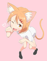  aged_up animal_ears bad_id bad_pixiv_id blush cat_ears cat_tail female full_body hair_ornament hairclip haruharu55 highres maa_(nyanko_days) nyanko_days oerba_yun_fang one_eye_closed open_mouth orange_hair paw_pose short_hair simple_background solo tail 