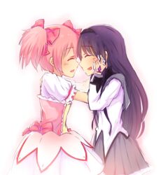  2girls akemi_homura akemi_homura_(magical_girl) black_hair closed_eyes commentary_request kaname_madoka kaname_madoka_(magical_girl) long_hair mahou_shoujo_madoka_magica mahou_shoujo_madoka_magica_(anime) monster28 multiple_girls pink_hair short_hair twintails 