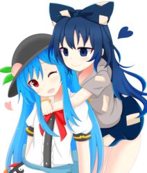  2girls black_hat blue_bow blue_eyes blue_hair blue_skirt bow bracelet commentary_request empty_eyes food fruit hairbow hat heart highres hinanawi_tenshi hood hood_down hoodie hug hug_from_behind jewelry leaf long_hair looking_at_another miniskirt multiple_girls one_eye_closed open_mouth peach red_eyes shirt short_hair short_sleeves shunki skirt touhou white_background white_shirt yorigami_shion yuri 