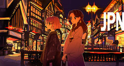  2girls absurdres aikatsu! aikatsu!_(series) braid brown_eyes brown_hair cogecha commentary fujiwara_miyabi_(aikatsu!) hair_ornament highres japanese_clothes kimono kitaoji_sakura lamppost long_hair multiple_girls night orange_hair outdoors photoshop_(medium) road short_hair smile street 