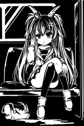  ankle_boots bag boots cellphone crossed_legs female greyscale hair_between_eyes hair_ornament hairclip hand_up holding holding_phone long_hair long_sleeves looking_at_viewer miniskirt monochrome nefarian onyxia open_mouth personification phone scarf sitting skirt solo thighhighs thighhighs_pull train_interior twintails undressing very_long_hair warcraft world_of_warcraft 