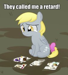  ableism ableist_slur blonde_hair bodily_fluids bullying crying cutie_mark derp_eyes derpy_hooves english_text equid equine feathered_wings feathers female feral friendship_is_magic grey_body grey_feathers hair hasbro image_macro impact_(font) lol_comments low_res mammal meme my_little_pony mythological_creature mythological_equine mythology pegasus sad solo tears text unknown_artist wings yellow_eyes young young_feral 