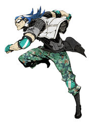  1boy 7th_dragon_(series) 7th_dragon_2020 armband blue_hair boots camouflage camouflage_pants commentary_request destroyer_(7th_dragon_2020) fingerless_gloves full_body gloves goggles leg_up long_hair male_focus miwa_shirow pants photoshop_(medium) ribbed_sweater solo sweater white_background 