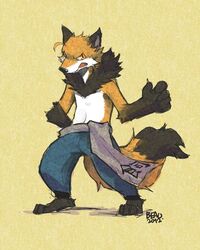  2012 4_toes anthro barefoot beau_(artist) biped black_nose bottomwear canid canine chinese_text clothed clothing fangs feet fox mammal orange_eyes pants solo standing teeth text toes topless tuft 