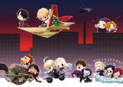  4girls 6+boys artoria_pendragon_(fate) berserker_(fate/zero) chibi city commentary_request diarmuid_ua_duibhne_(lancer)_(fate) everyone fate/zero fate_(series) gilgamesh_(fate) gilles_de_rais_(caster)_(fate) halftone hassan_of_the_cursed_arm_(fate) highres irisviel_von_einzbern iskandar_(fate) kari_(cocktail_box) kayneth_el-melloi_archibald kotomine_kirei multiple_boys multiple_girls official_alternate_costume pantyhose photoshop_(medium) saber_(fate) sola-ui_nuada-re_sophia-ri thighhighs tohsaka_tokiomi uryuu_ryuunosuke vimana volumen_hydragyrum_(fate) waver_velvet 