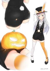  ama_mitsuki animal_ears arms_behind_back ass asymmetrical_legwear black_footwear blue_eyes blush commentary_request dated fake_animal_ears female full_body grey_hair hair_between_eyes halloween hat hat_ribbon jack-o&#039;-lantern jewelry kantai_collection long_hair lying mary_janes mismatched_legwear multiple_views necklace object_on_ass on_stomach open_mouth orange_legwear orange_panties panties pantyshot pendant_watch puffy_short_sleeves puffy_sleeves pumpkin rabbit_ears rabbit_tail revision ribbon shoes short_sleeves shorts signature simple_background standing strappy_heels tail thighhighs top_hat translated trick_or_treat u-511_(kancolle) underwear upshorts watch white_background white_thighhighs 