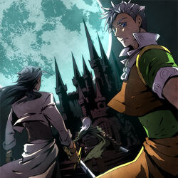  3boys belt black_hair blue_eyes castle castlevania:_circle_of_the_moon castlevania_(series) commentary_request dagger fingerless_gloves from_behind full_moon gloves grey_hair hugh_baldwin knife long_hair makihara male_focus moon morris_baldwin multiple_boys nathan_graves sword weapon white_hair 