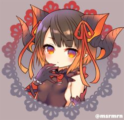  bad_id bad_pixiv_id black_gloves blush bow bowtie breasts brown_hair brown_shirt dragon_girl dragon_horns elbow_gloves female gloves gradient_hair grey_background hair_ribbon horns looking_at_viewer mashiro_miru multicolored_hair myr_(p&amp;d) orange_hair orange_ribbon parted_lips pointy_ears puzzle_&amp;_dragons red_bow red_bowtie red_eyes ribbon shirt sleeveless sleeveless_shirt small_breasts solo twitter_username 