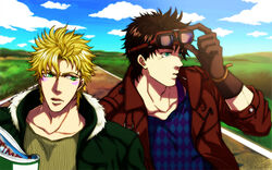  2boys anime_coloring argyle bad_boy blonde_hair brown_hair caesar_anthonio_zeppeli commentary_request facial_mark fur_collar gloves goggles goggles_on_head green_eyes jacket jojo_no_kimyou_na_bouken joseph_joestar joseph_joestar_(young) leather leather_jacket male_focus multiple_boys 