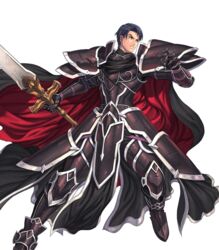  1boy alondite armor black_armor blue_hair broken_armor cape commentary_request fire_emblem fire_emblem:_radiant_dawn fire_emblem_heroes full_body gauntlets highres holding holding_weapon izuka_daisuke looking_away male_focus official_art parted_lips serious shoulder_armor solo spoilers sword transparent_background weapon zelgius_(fire_emblem) 