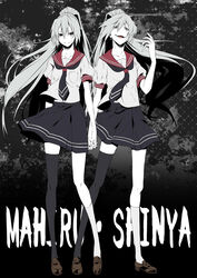  2girls absurdres akuma_no_riddle asymmetrical_legwear banba_mahiru banba_shin&#039;ya black_eyes black_legwear black_skirt character_name commentary_request dual_persona full_body grey_hair grey_shirt hair_between_eyes high_ponytail highres long_hair looking_at_viewer multiple_girls pleated_skirt school_uniform shirt skirt smile standing thighhighs uneven_legwear vice_(kuronekohadokoheiku) white_legwear 