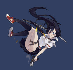  :q black_gloves black_hair black_socks blue_eyes blush breasts closers commentary_request elbow_gloves female full_body gloves gun hair_ornament hairclip handgun kneehighs korean_commentary long_hair mask_alice medium_breasts panties shell_casing shoes short_sleeves single_glove skirt sneakers socks solo sword tongue tongue_out underwear very_long_hair weapon white_panties yuri_seo 