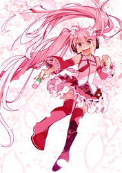  ahoge bad_id bad_pixiv_id boots cherry_blossoms dango detached_sleeves female floating_hair flower food hair_flower hair_ornament hatsune_miku headset highres long_hair necktie open_mouth petals pink_eyes pink_footwear pink_hair sakura_miku skirt solo thigh_boots thighhighs twintails very_long_hair vocaloid wagashi zanunoneko 