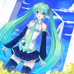  ahoge bad_id bad_pixiv_id cloud day detached_sleeves ebicha female green_eyes green_hair hatsune_miku highres long_hair necktie oerba_yun_fang open_mouth photoshop_(medium) skirt sky solo thighhighs twintails very_long_hair vocaloid wind_turbine 