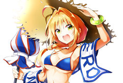  :d absurdres ahoge arm_up bare_shoulders beach_umbrella bikini blonde_hair blue_bikini blush braid breasts cleavage collarbone commentary_request cosplay fate/grand_order fate_(series) female hair_between_eyes hair_intakes hat head_tilt highres holding holding_umbrella long_hair looking_at_viewer medium_breasts nanakusa_amane navel nero_claudius_(fate) nero_claudius_(fate/extra) open_mouth round_teeth saliva simple_background single_braid smile solo straw_hat swimsuit tamamo_(fate) tamamo_no_mae_(swimsuit_lancer)_(fate) tamamo_no_mae_(swimsuit_lancer)_(fate)_(cosplay) tamamo_no_mae_(swimsuit_lancer)_(second_ascension)_(fate) teeth umbrella upper_body upper_teeth_only v-shaped_eyebrows white_background 