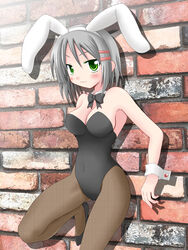  aizawa_sakuya animal_ears bad_id bad_pixiv_id blush bow breasts cleavage female fishnet_pantyhose fishnets green_eyes grey_hair hair_ornament hairclip hayate_no_gotoku! hinata_mirun leg_up medium_breasts pantyhose playboy_bunny rabbit_ears short_hair smile solo wrist_cuffs 