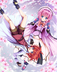  1boy ahoge blue_eyes bow caro_ru_lushe commentary_request erio_mondial female fingerless_gloves flower gloves hat kerykeion_(nanoha) lyrical_nanoha mahou_shoujo_lyrical_nanoha_strikers petals photoshop_(medium) pink_bow pink_hair red_hair sentaro short_hair shorts skirt 