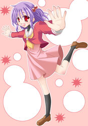  bad_id bad_pixiv_id blush female hair_bobbles hair_ornament hakuo_school_uniform hayate_no_gotoku! hinata_mirun leg_up open_mouth outstretched_arms purple_hair red_eyes school_uniform segawa_izumi short_hair short_twintails smile solo spread_arms twintails 