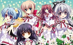  5girls asakura_karen black_hair blonde_hair blue_hair blush bow brown_hair cherry_blossoms cube_(alma) flower flying_squirrel grey_hair hair_ornament hase_nanami highres houshou_yukino kaburaki_runa kakyouin_kotone kimi_to_boku_to_eden_no_ringo long_hair long_sleeves multiple_girls open_mouth ponytail school_uniform skirt smile squirrel thighhighs zettai_ryouiki 