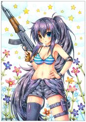  :o ak-47 artist_name assault_rifle bare_shoulders bikini bikini_top_only black_choker black_hair black_thighhighs blue_eyes blush breasts choker cleavage cloud commentary emperpep english_commentary female fingernails flower gun hair_between_eyes hand_on_own_hip heterochromia highres holding holding_gun holding_weapon kalashnikov_rifle long_hair looking_at_viewer medium_breasts nail_polish navel original outdoors overall_shorts overalls overalls_pull painting_(medium) parted_lips pink_flower ponytail purple_flower rifle single_thighhigh sky solo star_(symbol) striped_bikini striped_clothes swimsuit thigh_strap thighhighs traditional_media very_long_hair watercolor_(medium) weapon white_nails yellow_eyes yellow_flower 