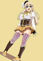  :d beret blonde_hair blue_eyes boots commentary_request corset cosplay detached_sleeves female fingerless_gloves gloves hat henkuma highres k-on! kotobuki_tsumugi legs_apart long_hair mahou_shoujo_madoka_magica mahou_shoujo_madoka_magica_(anime) open_mouth panties pantyshot pigeon-toed round_teeth simple_background smile solo standing striped_clothes striped_thighhighs teeth thighhighs tomoe_mami tomoe_mami_(cosplay) tomoe_mami_(magical_girl) underwear vertical-striped_clothes vertical-striped_thighhighs yellow_eyes 