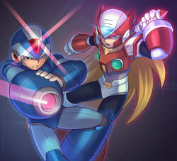  2boys android arm_cannon blonde_hair commentary_request highres holding holding_sword holding_weapon long_hair mega_man_(series) mega_man_x_(series) multiple_boys partial_commentary photoshop_(medium) sethxzoe sword weapon x_(mega_man) z_saber zero_(mega_man) 