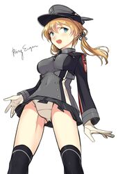  black_thighhighs blonde_hair blue_eyes breasts character_name commentary_request covered_navel cowboy_shot cross female from_below gloves hat highres iron_cross kantai_collection long_sleeves looking_at_viewer medium_breasts meimone microskirt military military_uniform open_mouth panties peaked_cap pleated_skirt prinz_eugen_(kancolle) sideways_glance simple_background skirt smile solo thighhighs twintails underwear uniform white_background white_gloves white_panties 