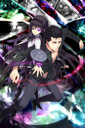  1boy akemi_homura akemi_homura_(magical_girl) argyle_clothes argyle_legwear back-to-back black_hair black_pantyhose blue_eyes commentary_request crossover el_shaddai feathers female glowing glowing_eyes hairband heterochromia high_heels kamizawa_(sark) long_hair lucifel_(el_shaddai) magical_girl mahou_shoujo_madoka_magica mahou_shoujo_madoka_magica_(anime) navel pantyhose power_connection purple_eyes red_eyes ribbon shield shoes short_hair 