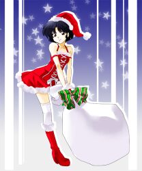  bare_shoulders blue_hair boots female hat knee_boots ranma_1/2 sack santa_costume santa_dress santa_hat santa_suit short_hair solo tendou_akane thighhighs 