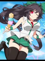  adapted_costume belt black_hair black_thighhighs bouncing_breasts bow brand_name_imitation breasts can commentary_request female food fuji_hyorone green_bow green_skirt hairbow ice_cream ice_cream_cone large_breasts letterboxed long_hair no_wings one_eye_closed pocari_sweat red_eyes reiuji_utsuho skirt sleeveless smile solo star_(symbol) thighhighs touhou wristband 