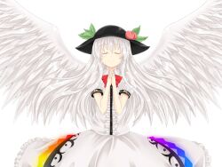  alternate_hair_color angel_wings awai_shiro bad_id bad_pixiv_id bow closed_eyes female food frills fruit g-tenko-r hat hinanawi_tenshi leaf light_smile long_hair m.u.g.e.n own_hands_clasped own_hands_together peach photoshop_(medium) short_sleeves simple_background smile solo touhou very_long_hair white_hair wings 